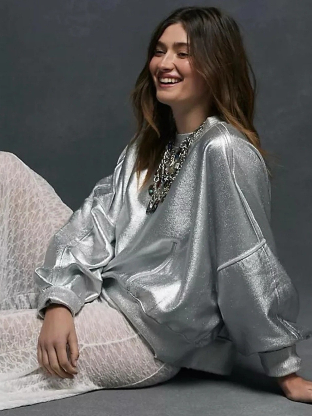 Free People Gaia Coated Sweatshirt Silver Foil Metallic S NWT Boho FP